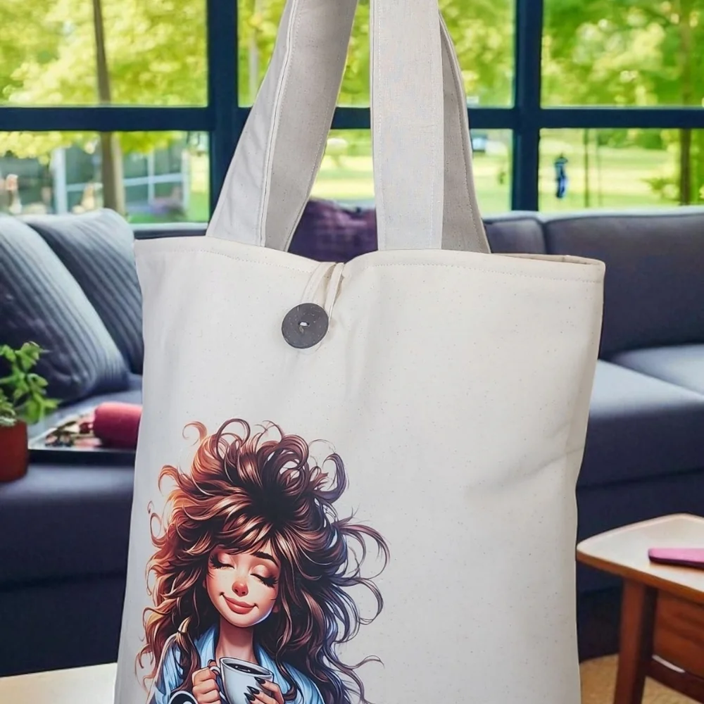 Classic White Canvas Tote Bag with Artistic Prints